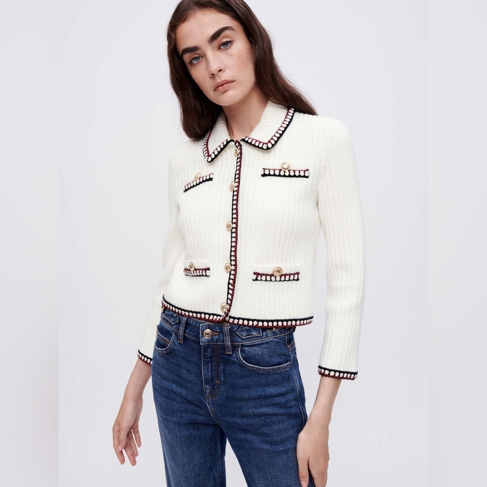Maje Contrasting ribbed cropped cardigan | Size 2 / White
